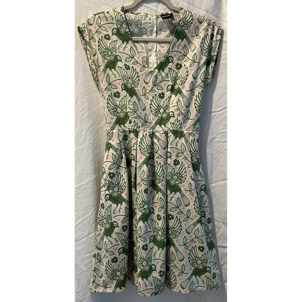 Retrolicious Womens Dress Sz S Green Pink Bird Print Sleeveless Cotton